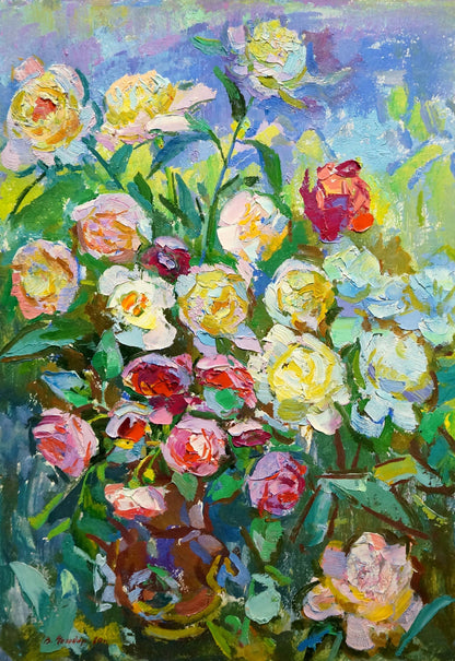 Vibrant oil painting of large yellow pink red rose bouquet by Vasily Chegodar