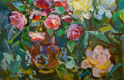 Vibrant oil painting of large bouquet with pink, red, yellow roses by Vasily Chegodar