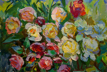 Large oil painting of yellow and red roses bouquet by Vasily Chegodar