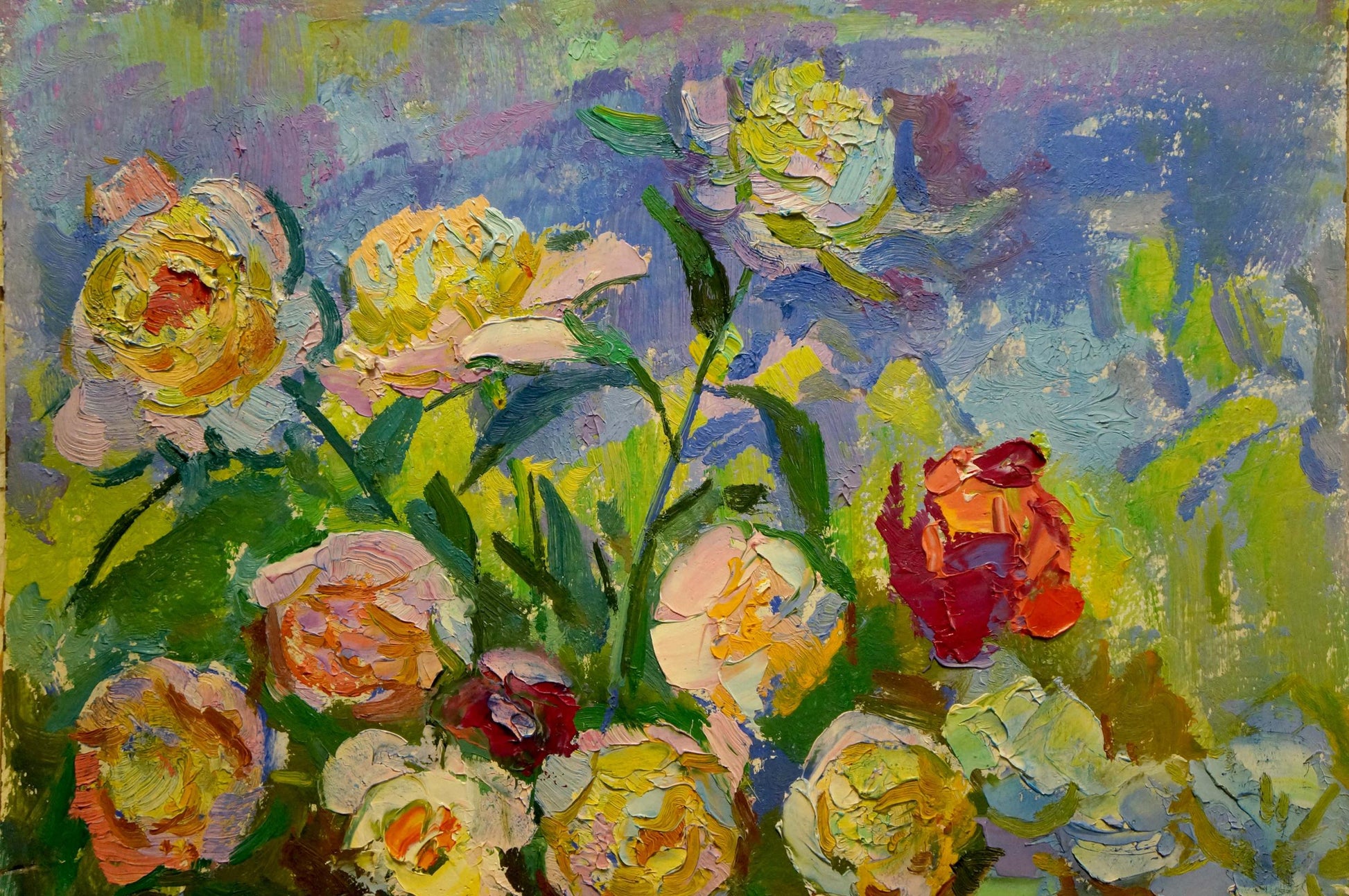 Vibrant impressionist oil painting of large peony bouquet in yellow, pink, red by Vasily Chegodar