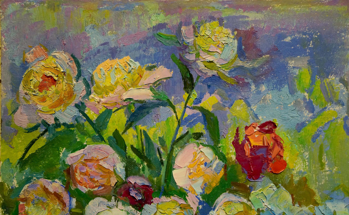 Vibrant oil painting of large yellow red peonies roses by Vasily Chegodar