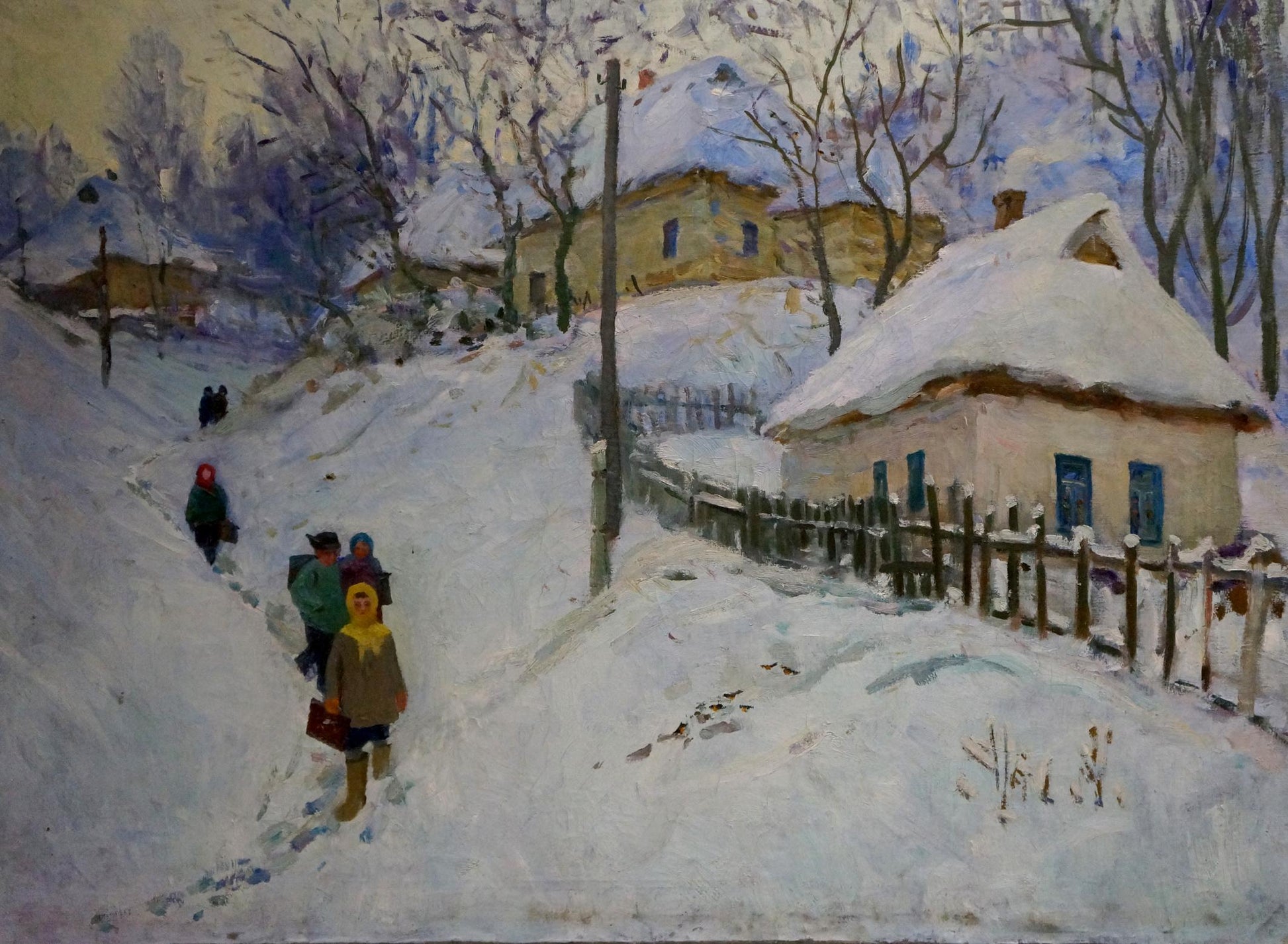 Snow-covered village houses with blue doors by Prishedko Grigoriy Dmitriyevich