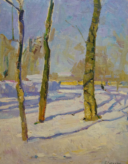 Oil painting Winter park by Nagulyak Petr Ivanovich: snowy trees under blue sky
