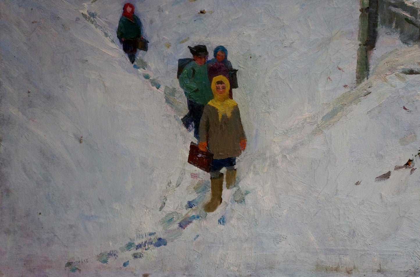 Oil painting by Prishedko Grigoriy Dmitriyevich: woman in brown coat and yellow scarf walks through deep snow carrying red suitcase