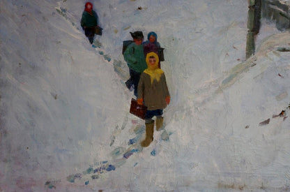Oil painting by Prishedko Grigoriy Dmitriyevich: woman in brown coat and yellow scarf walks through deep snow carrying red suitcase