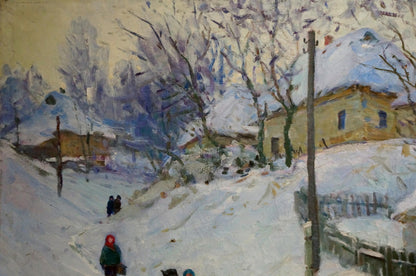 Oil painting by Prishedko Grigoriy Dmitriyevich: snow-covered village with yellow house