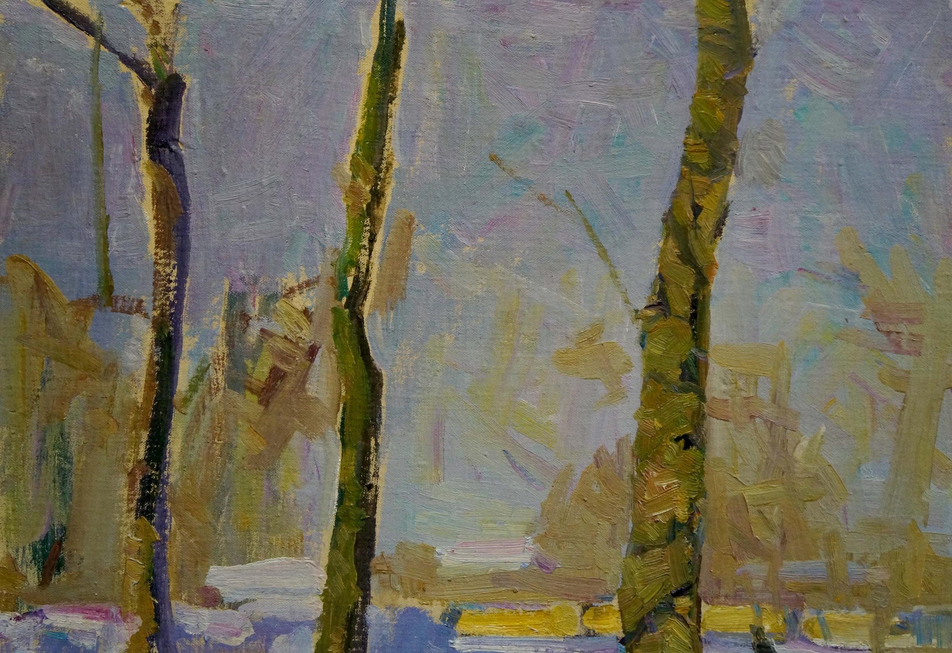 Oil painting Winter park by Nagulyak Petr Ivanovich, textured trees in lavender sky