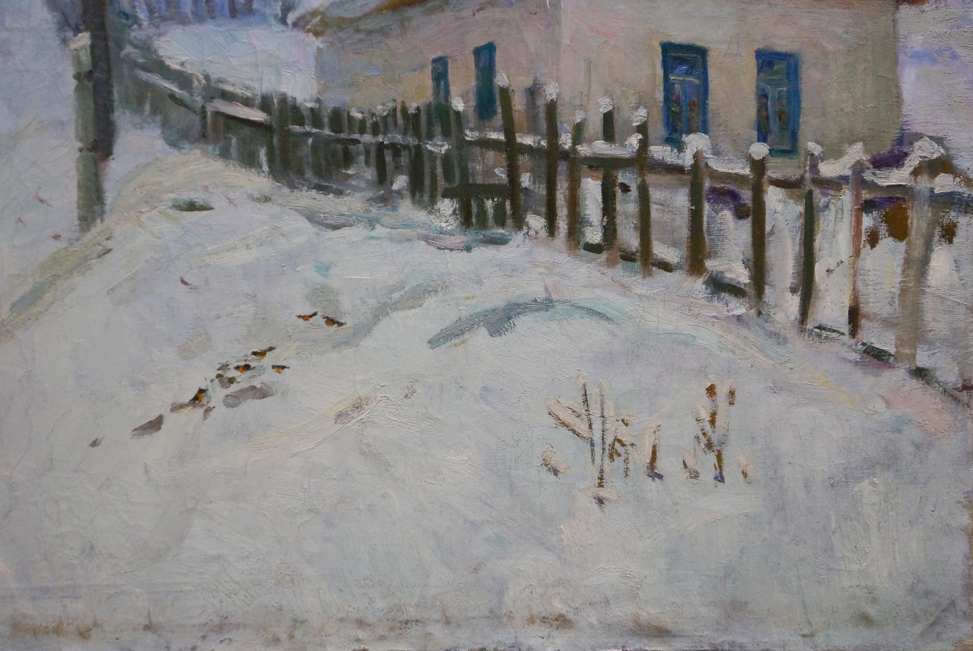 Oil painting by Prishedko Grigoriy Dmitriyevich: rustic fence on snowy path