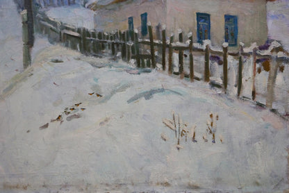Oil painting by Prishedko Grigoriy Dmitriyevich: rustic fence on snowy path