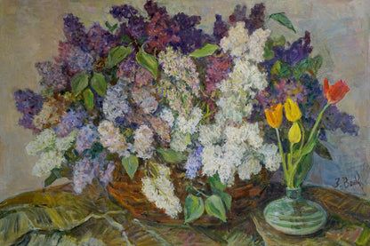 Oil painting by Volkovinskaya Zinaida Vladimirovna: lilacs, tulips in basket