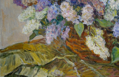 Oil painting of lilacs in rustic vase by Volkovinskaya Zinaida Vladimirovna