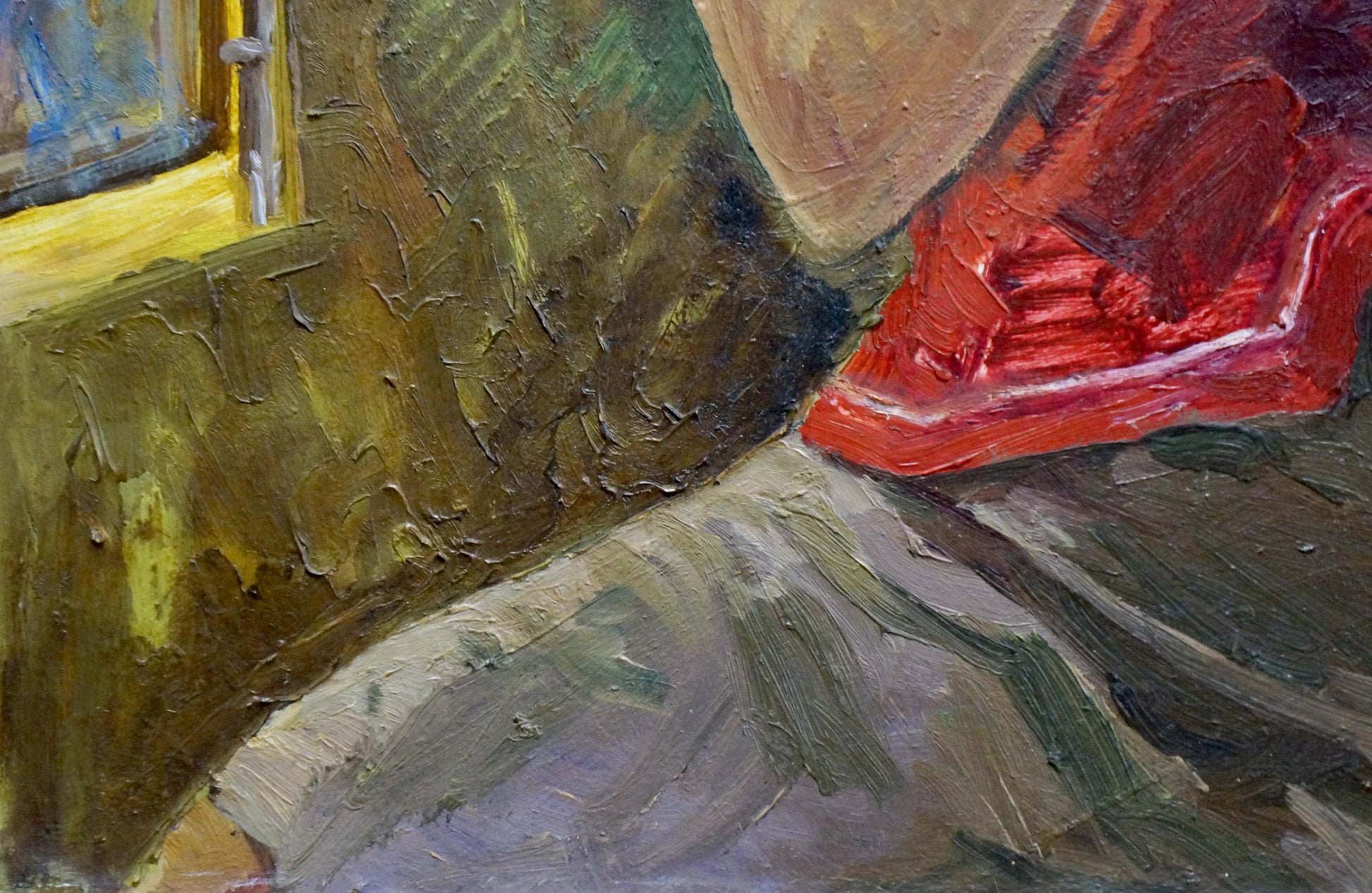 Oil painting of vibrant red glossy shoe with white trim by Eremin Boris Alexandrovich