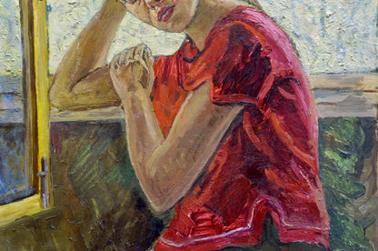 Oil painting portrait of girl in red dress by Eremin Boris Alexandrovich