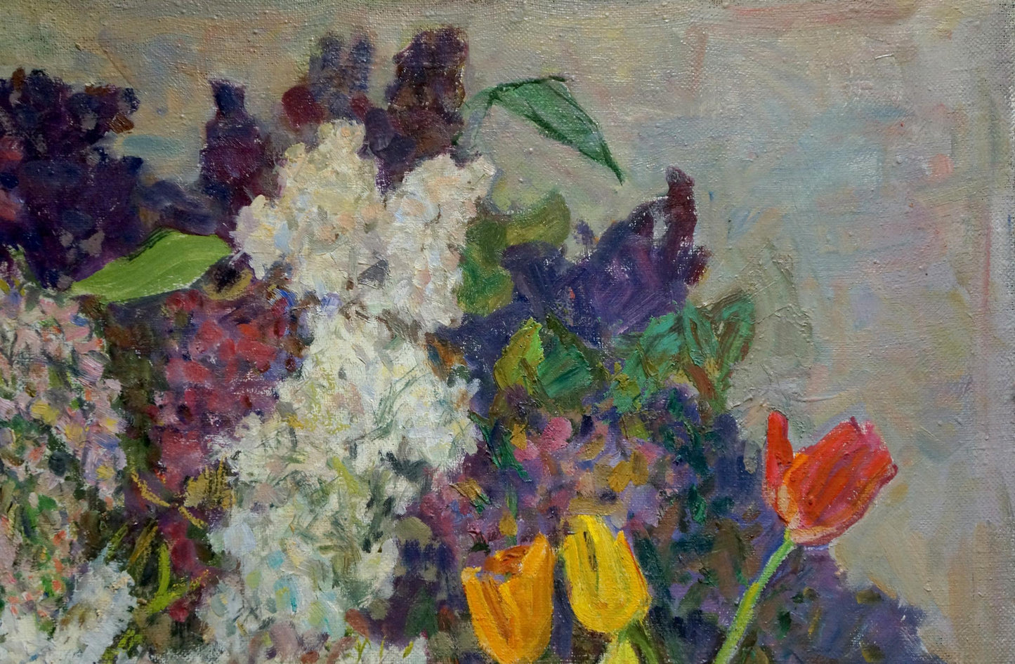 Vibrant impressionist oil painting of lilacs and tulips by Zinaida Vladimirovna Volkovinskaya