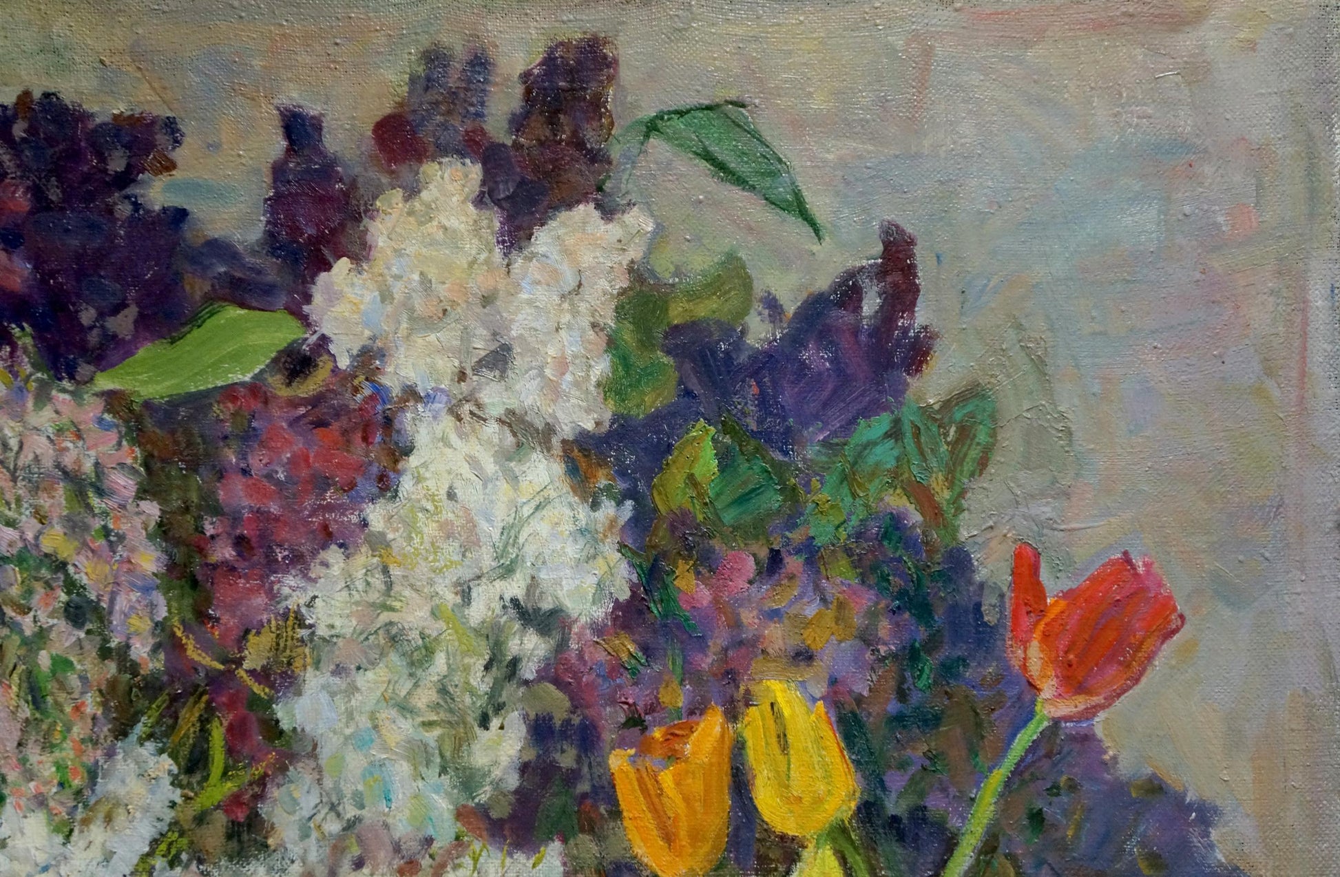 Vibrant impressionist oil painting of lilacs and tulips by Zinaida Vladimirovna Volkovinskaya