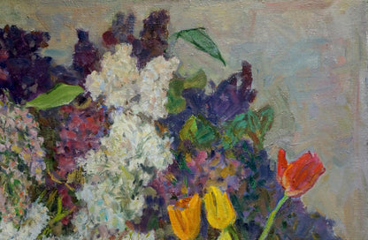 Vibrant impressionist oil painting of lilacs and tulips by Zinaida Vladimirovna Volkovinskaya