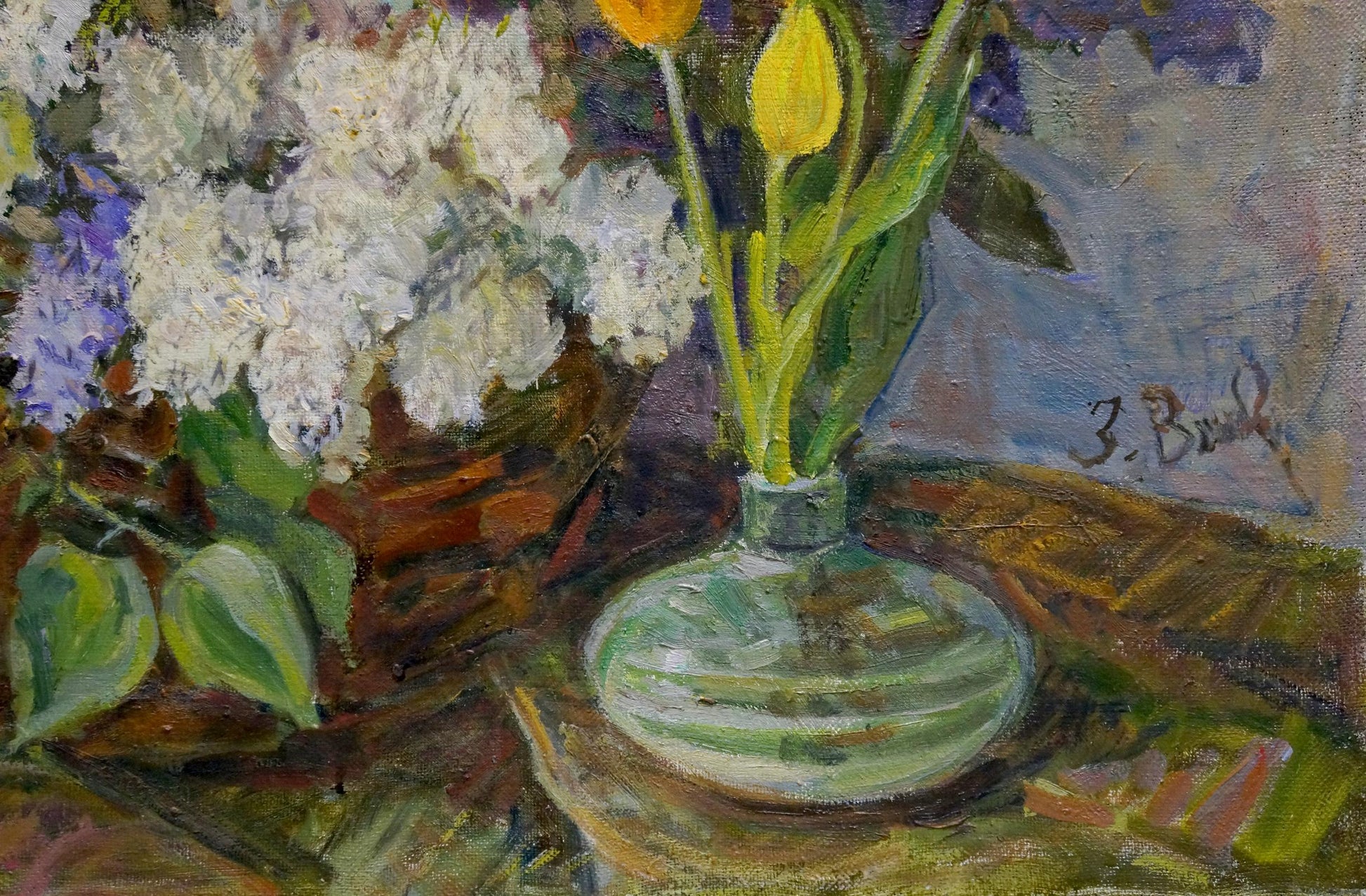Oil painting of translucent green glass vase with white yellow flowers by Volkovinskaya Zinaida Vladimirovna