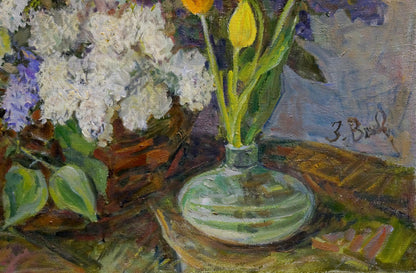 Oil painting of translucent green glass vase with white yellow flowers by Volkovinskaya Zinaida Vladimirovna