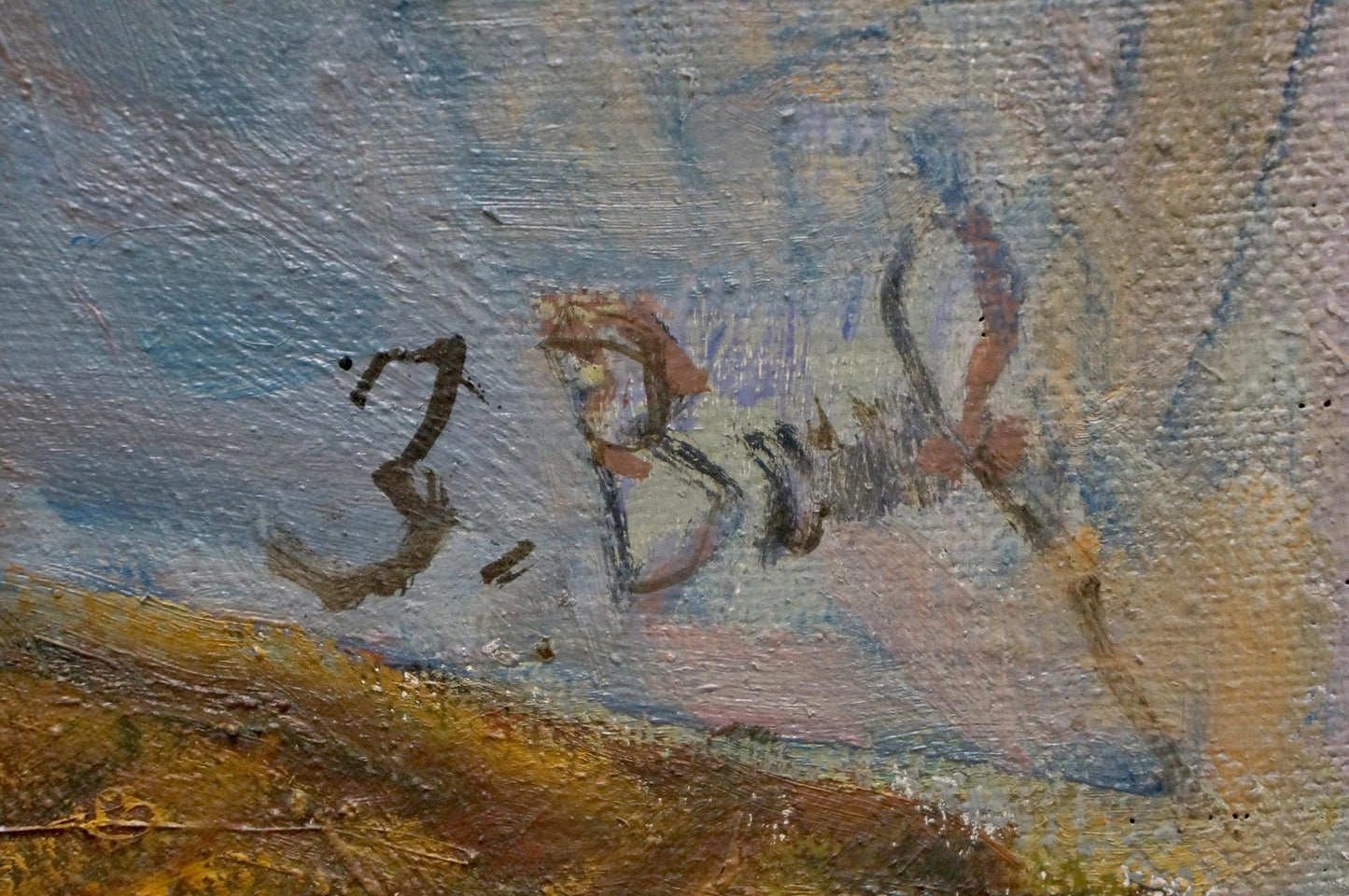 Back of Volkovinskaya Zinaida Vladimirovna oil painting flowers with faded black signature on textured canvas