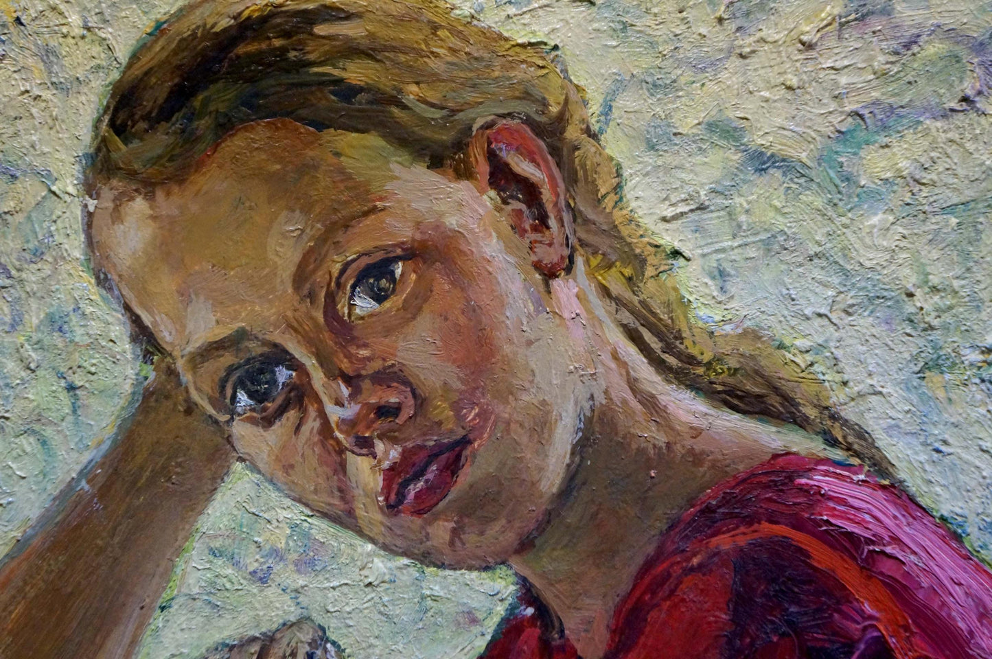 Oil painting portrait of blonde girl in red by Eremin Boris Alexandrovich