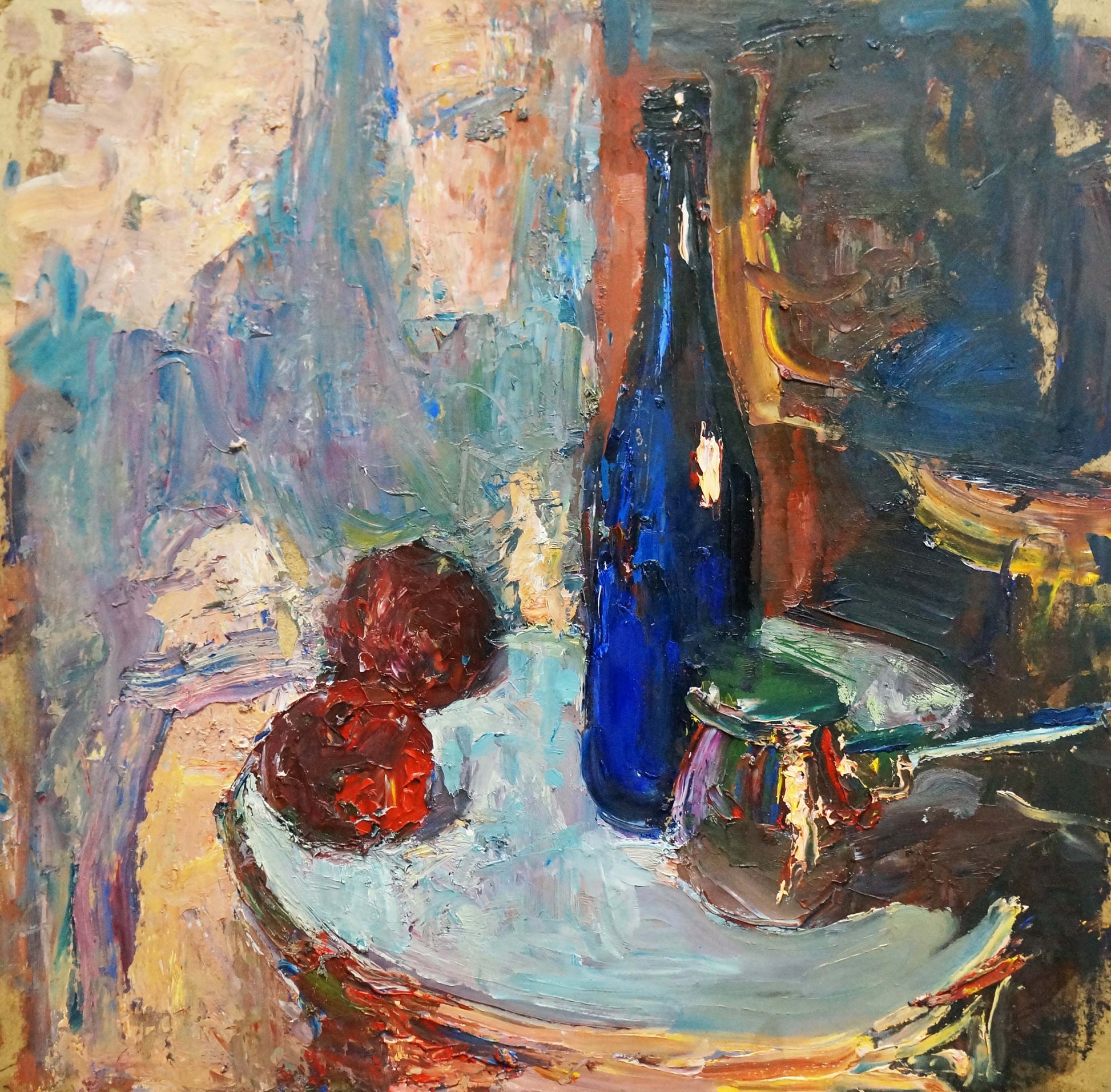Oil painting Still life by Klimenko Alexander Ivanovich: tall deep blue glass bottle