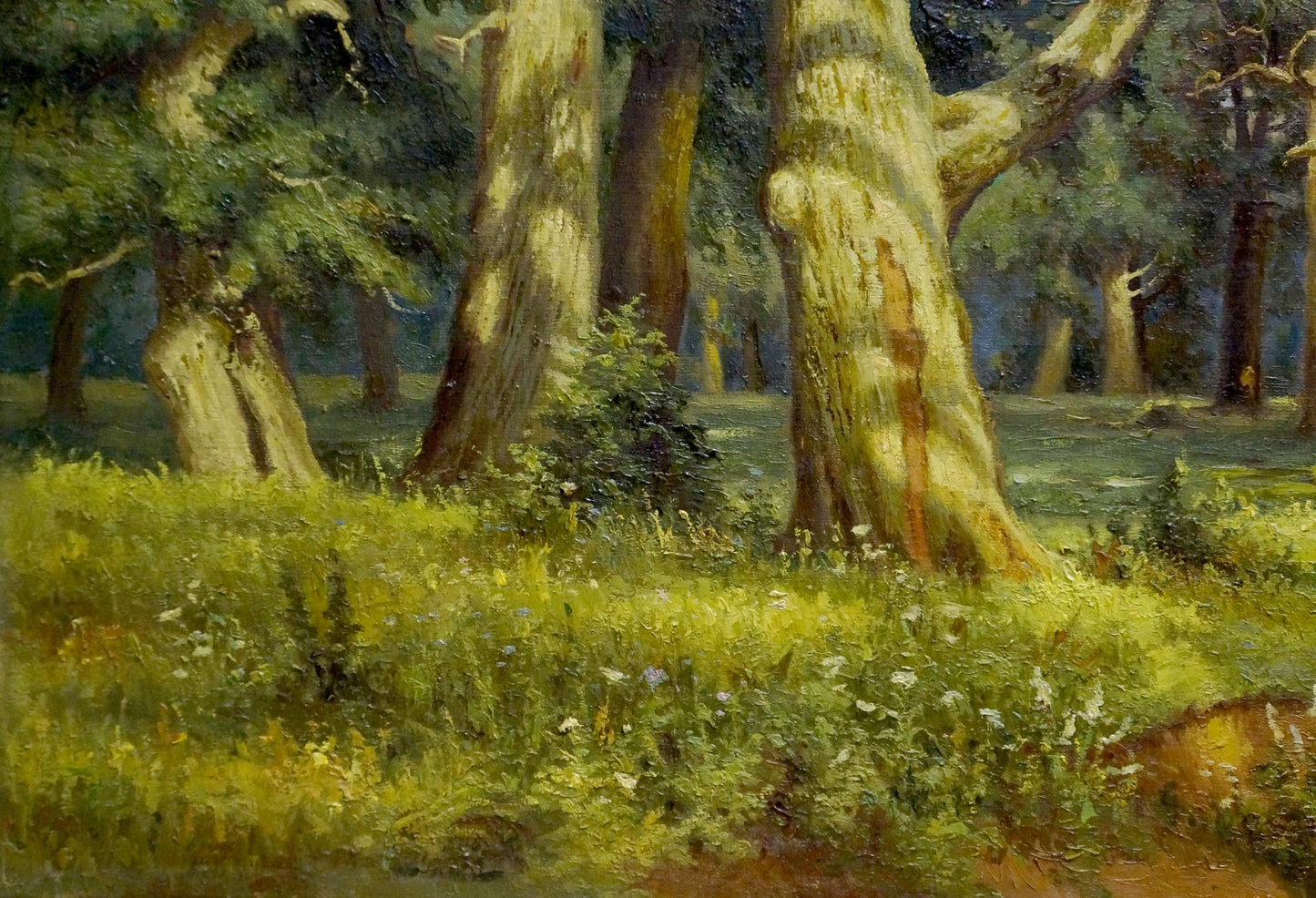 Oil painting of jogging in lush impressionistic forest by unknown artist
