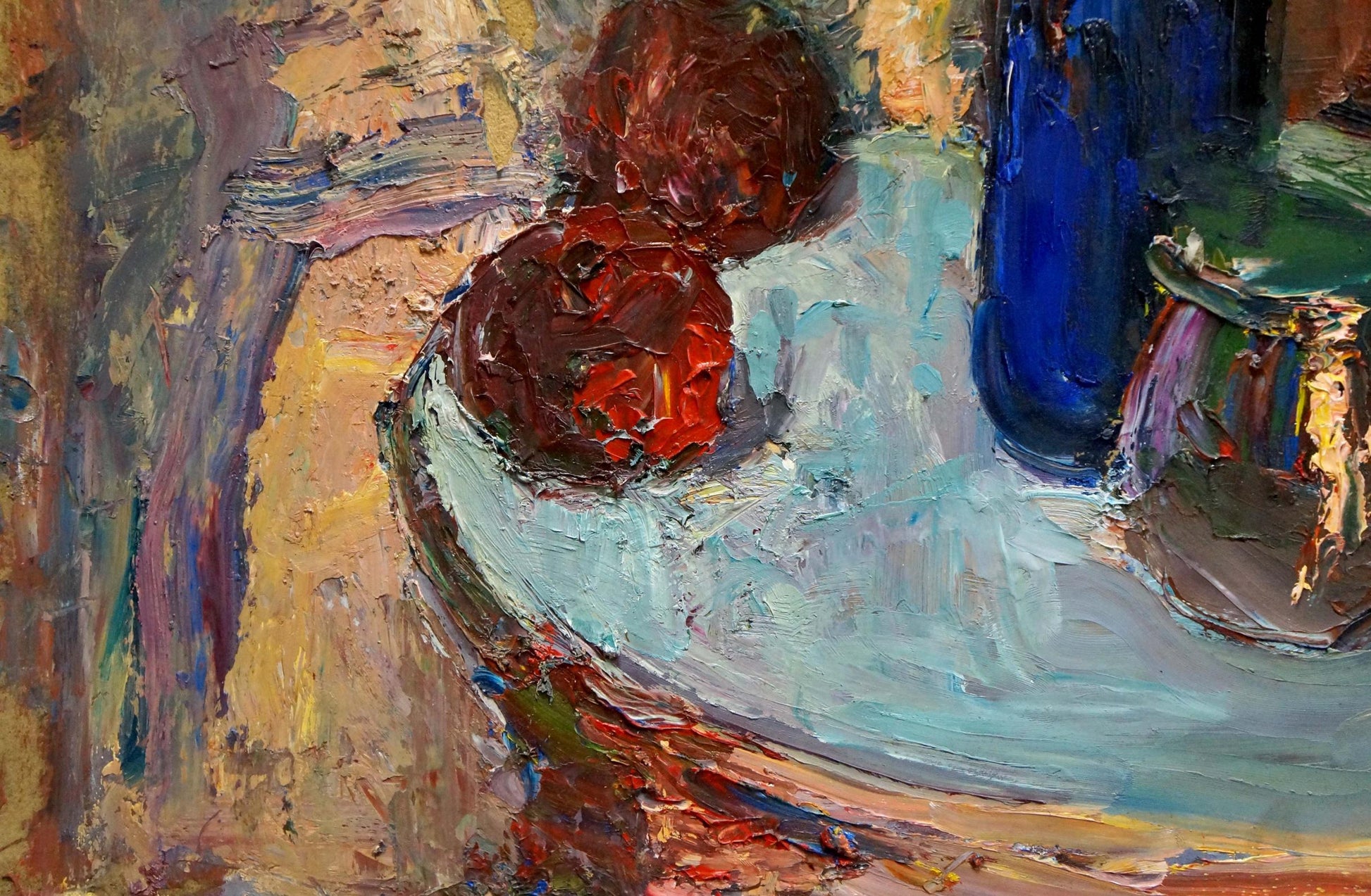 Oil painting by Klimenko Alexander Ivanovich: red apples on turquoise surface by blue vase