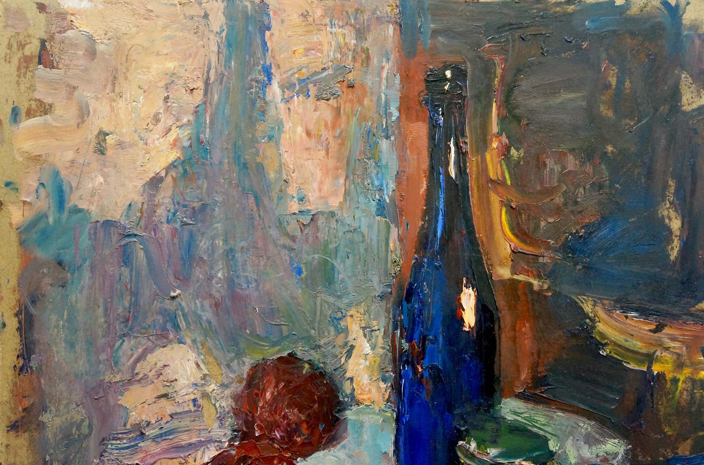 Oil painting Still life by Klimenko Alexander Ivanovich: tall slender blue glass bottle on textured background