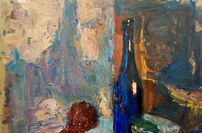 Oil painting Still life by Klimenko Alexander Ivanovich: tall slender blue glass bottle on textured background