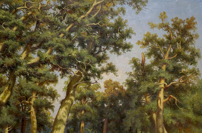 Oil painting Jogging in the forest with tall dense pine trees under blue sky