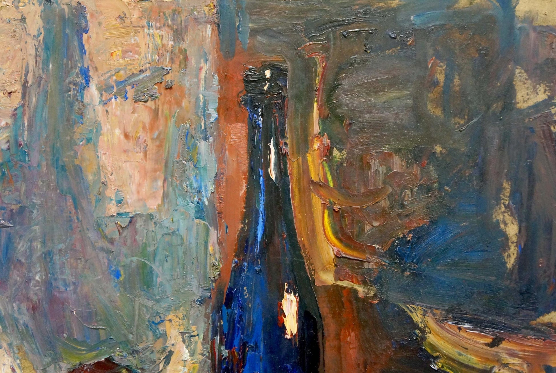 Oil painting of deep blue glass wine bottle by Klimenko Alexander Ivanovich