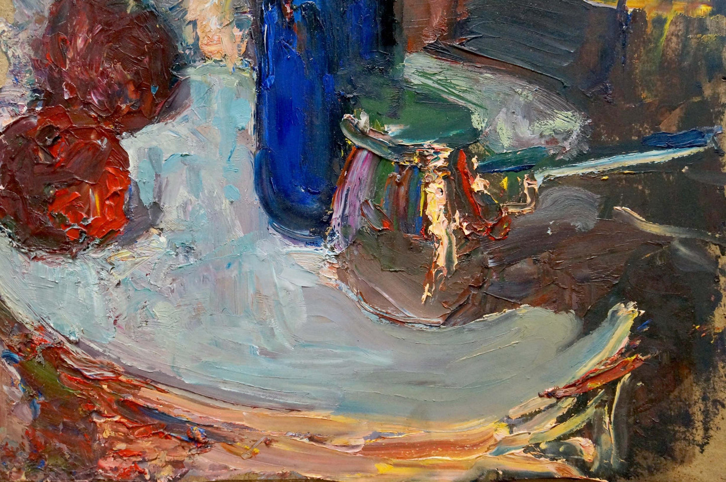 Oil painting still life by Klimenko Alexander Ivanovich: blue vase and orange fruit