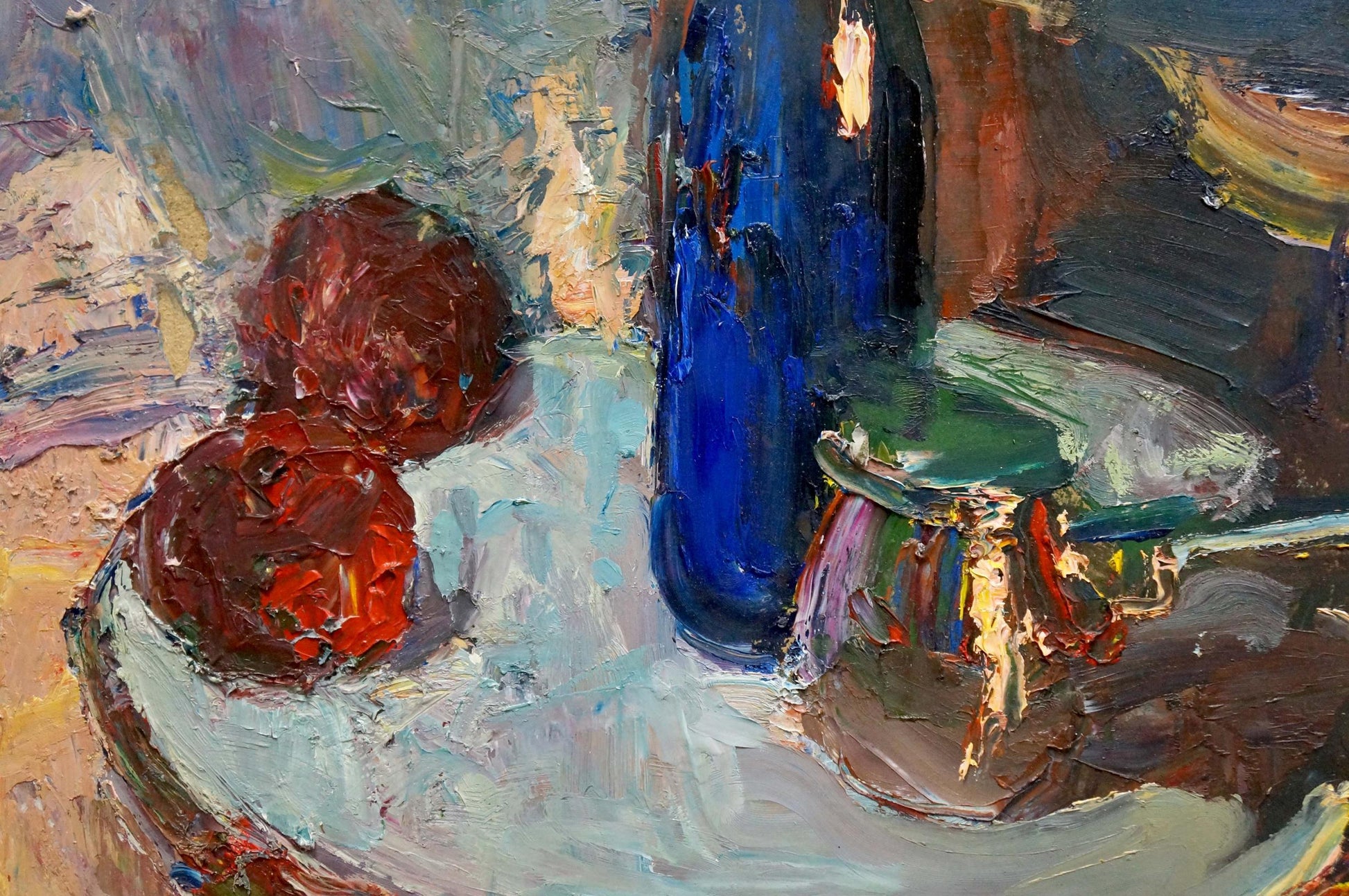 Oil painting Still life by Klimenko Alexander Ivanovich: vibrant blue glass bottle