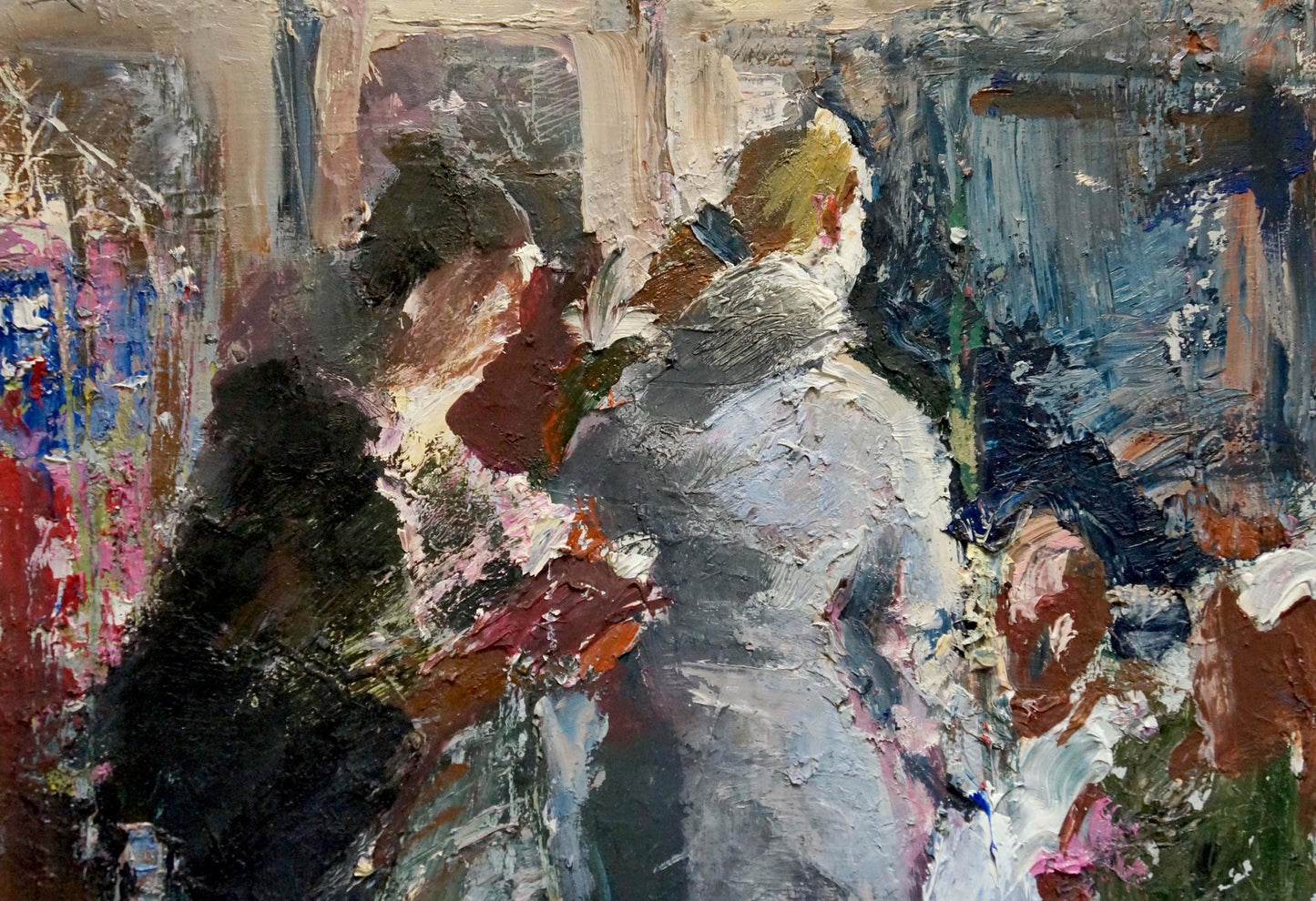 Oil painting portrait by Klimenko Alexander Ivanovich, textured gray figure with red blue strokes