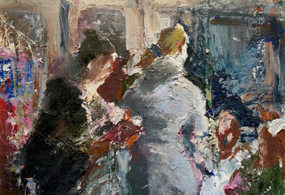 Oil painting portrait by Klimenko Alexander Ivanovich, textured gray figure with red blue strokes