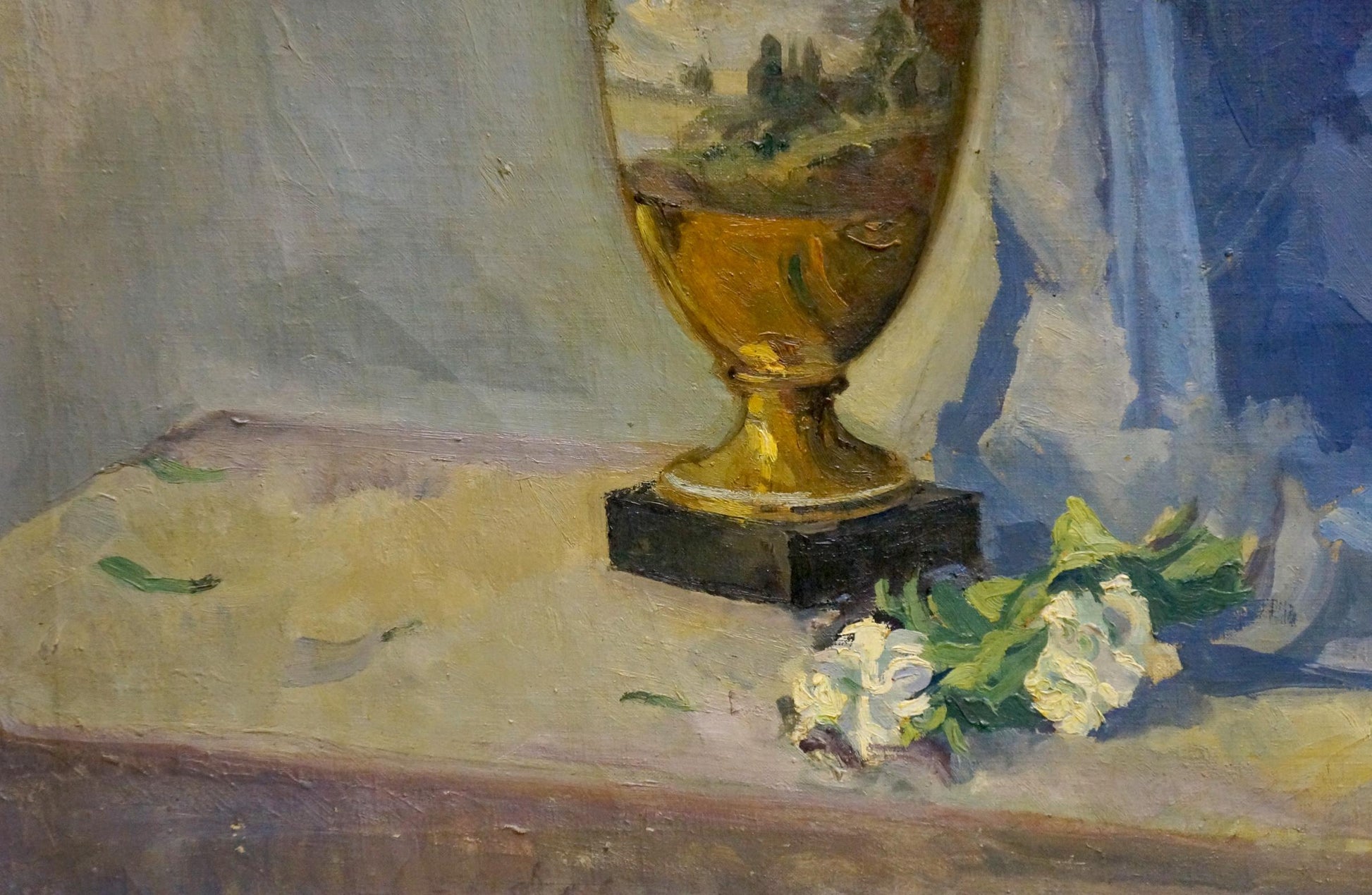 Golden ornamental vase with landscape, oil painting by Maria Glushchenko