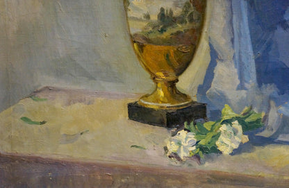 Golden ornamental vase with landscape, oil painting by Maria Glushchenko