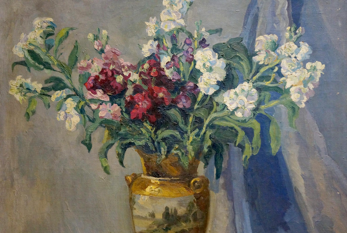 Oil painting of bouquet in golden vase by Maria Glushchenko