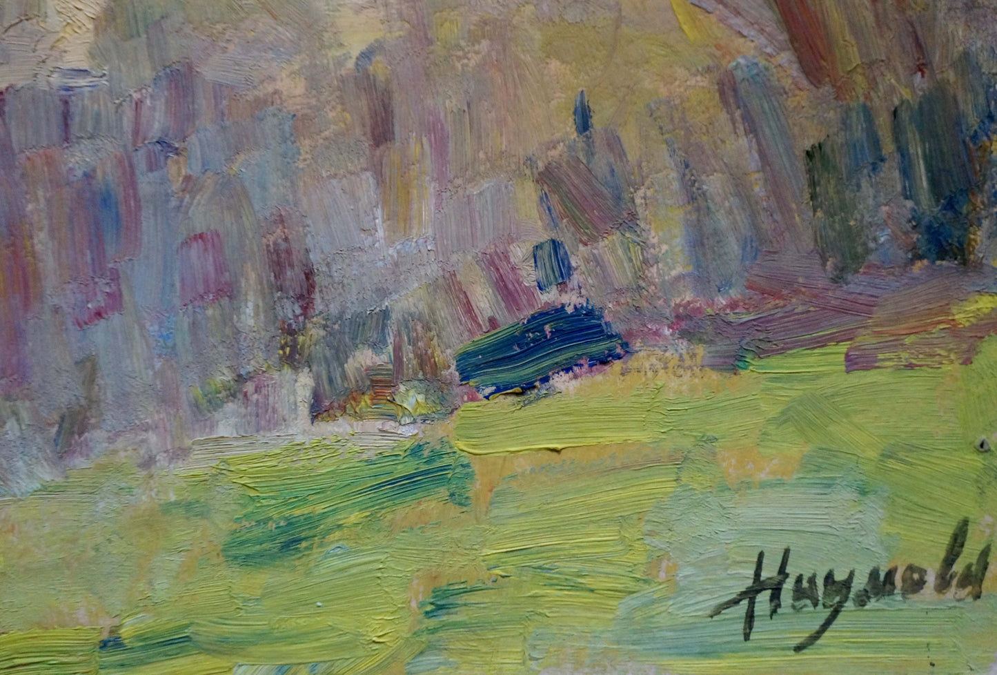 Oil painting Fog by Naumova Tamara Sergeevna: vibrant green field, colorful buildings