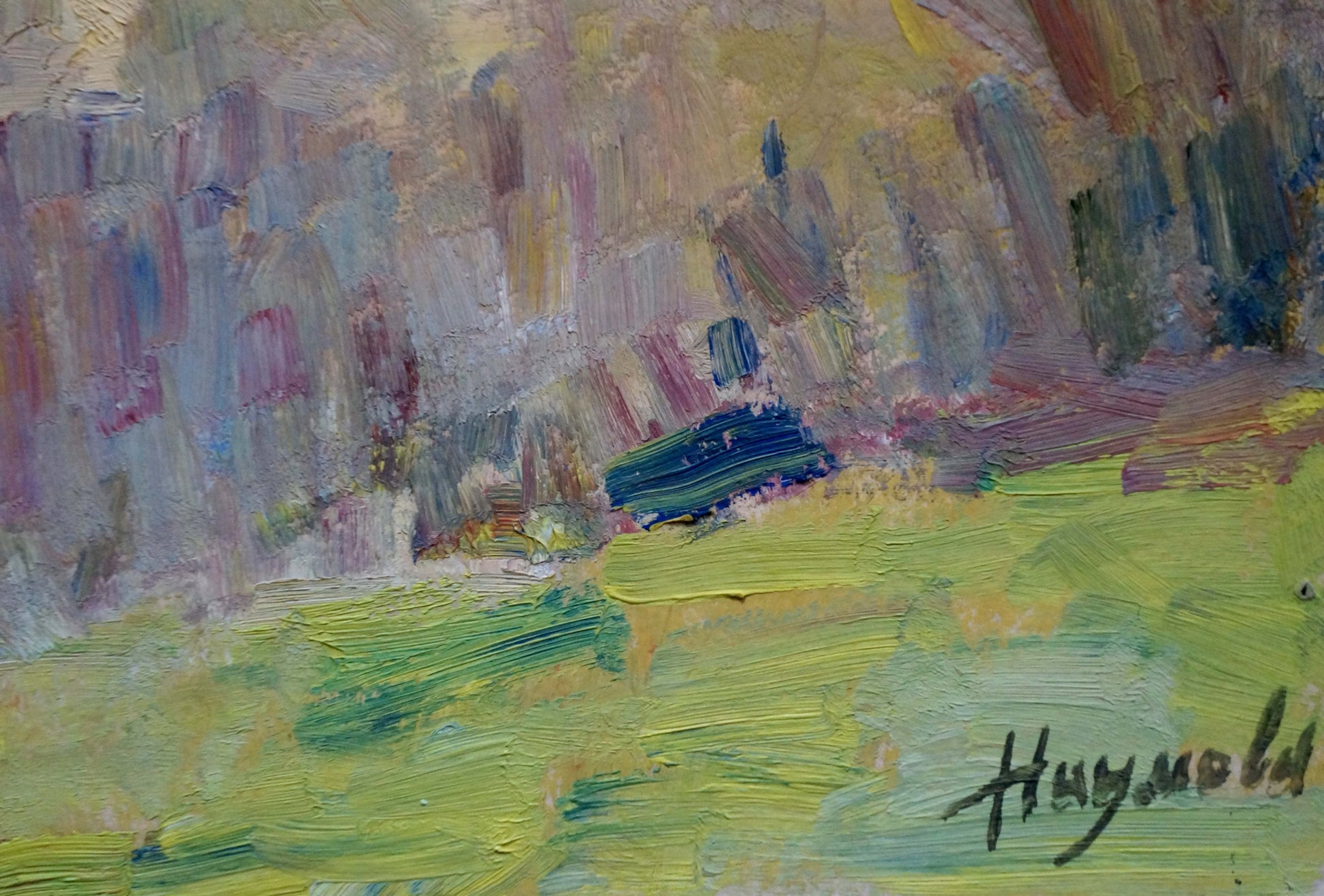 Oil painting Fog by Naumova Tamara Sergeevna: vibrant green field, colorful buildings