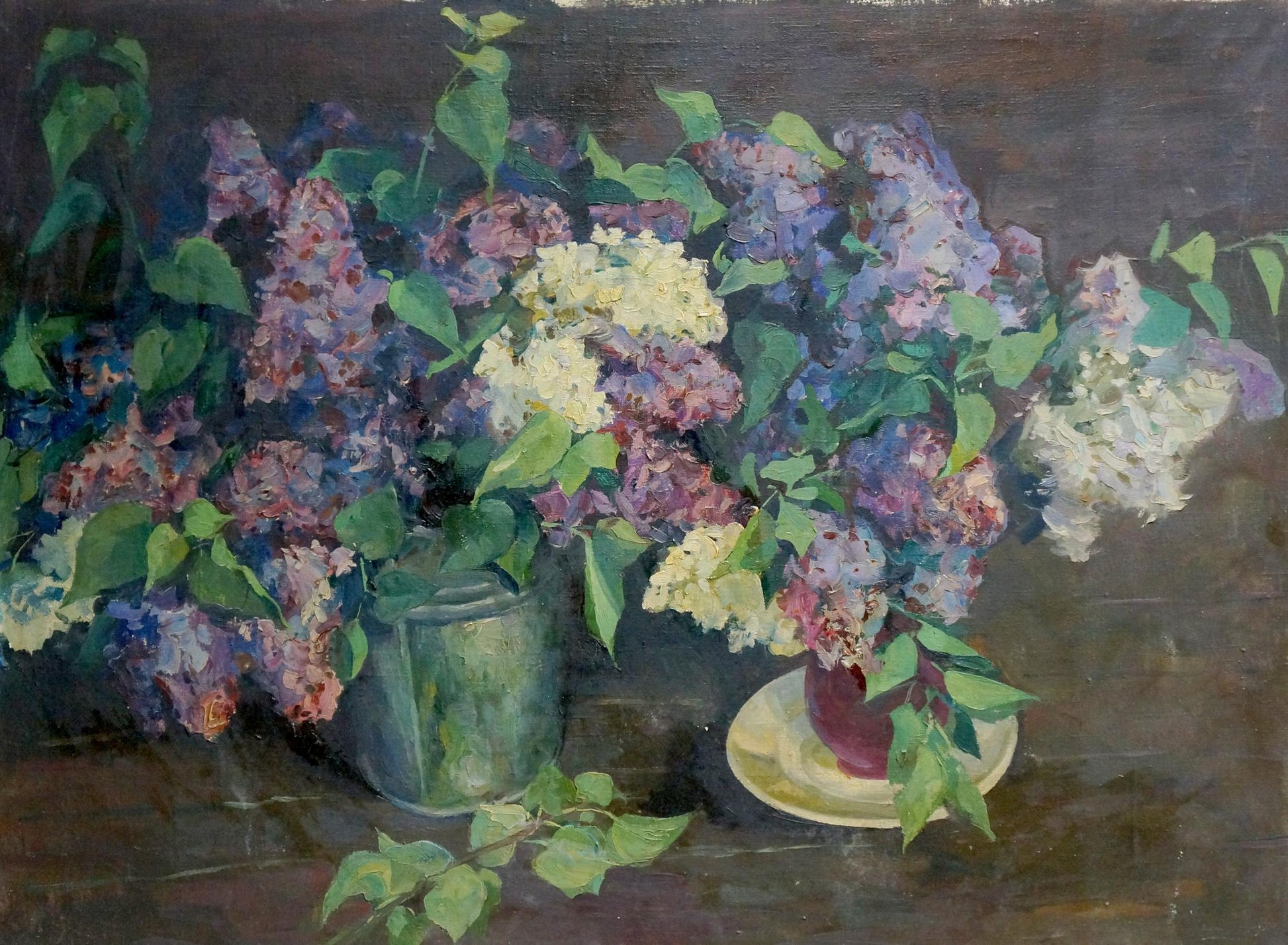 Oil painting of two lilac bouquets in purple, pink, white by Alexander Kerzhner