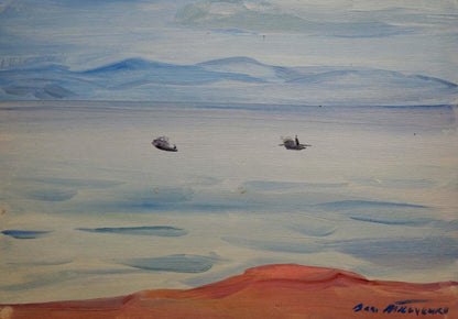 Serene oil painting by Tkachenko Valentin Yakovlevich: boats on calm blue waters at dusk