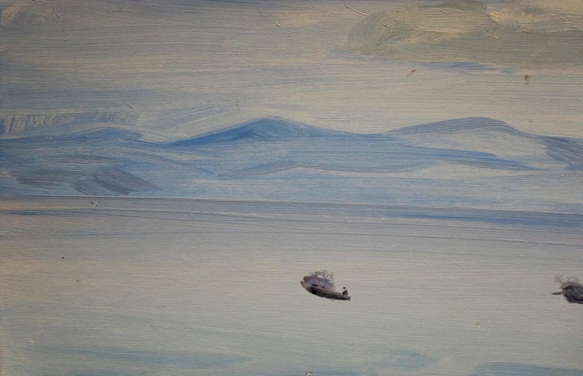Serene oil painting by Tkachenko Valentin Yakovlevich: boats on calm waters, distant blue mountains, cloudy sky
