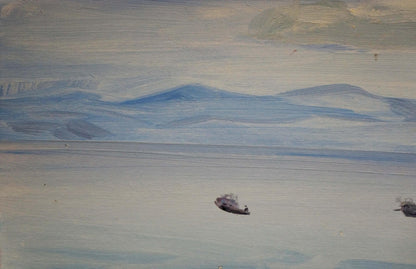 Serene oil painting by Tkachenko Valentin Yakovlevich: boats on calm waters, distant blue mountains, cloudy sky