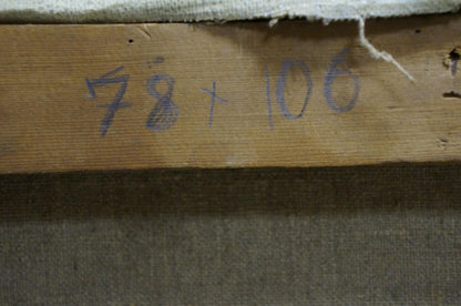 Back of Oil painting Two bouquets of lilacs by Alexander Kerzhner with wooden stretcher bar and blue ink measurements