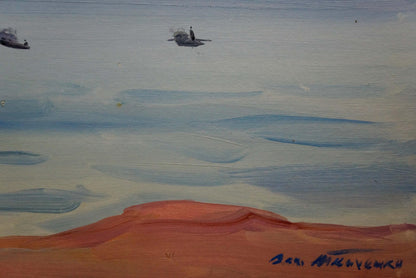 Impressionistic oil painting by Tkachenko Valentin Yakovlevich of coastal boats at dusk