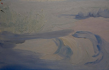 Textured impressionistic oil painting of nasty day landscape by Tkachenko Valentin Yakovlevich in soft blues and grays