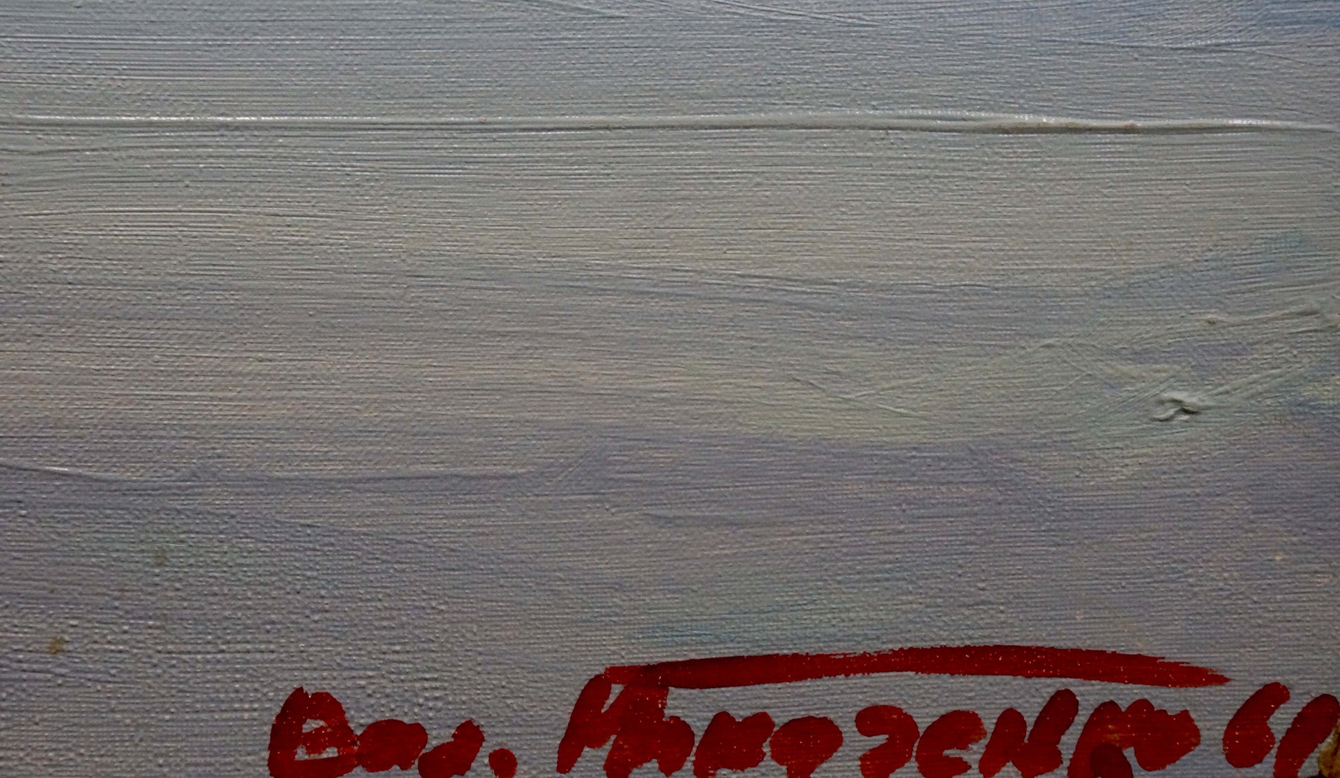 Back of oil painting Its a nasty day by Tkachenko Valentin Yakovlevich textured gray canvas with red signature