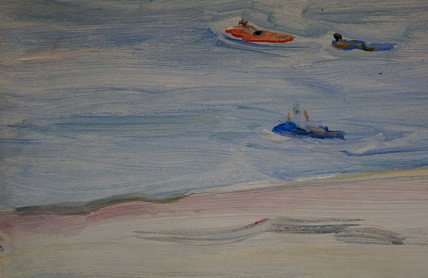Oil painting of orange and blue watercraft on beach by Tkachenko Valentin Yakovlevich