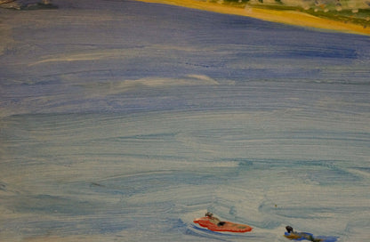 Red and white kayak gliding on blue water by Tkachenko Valentin Yakovlevich oil painting